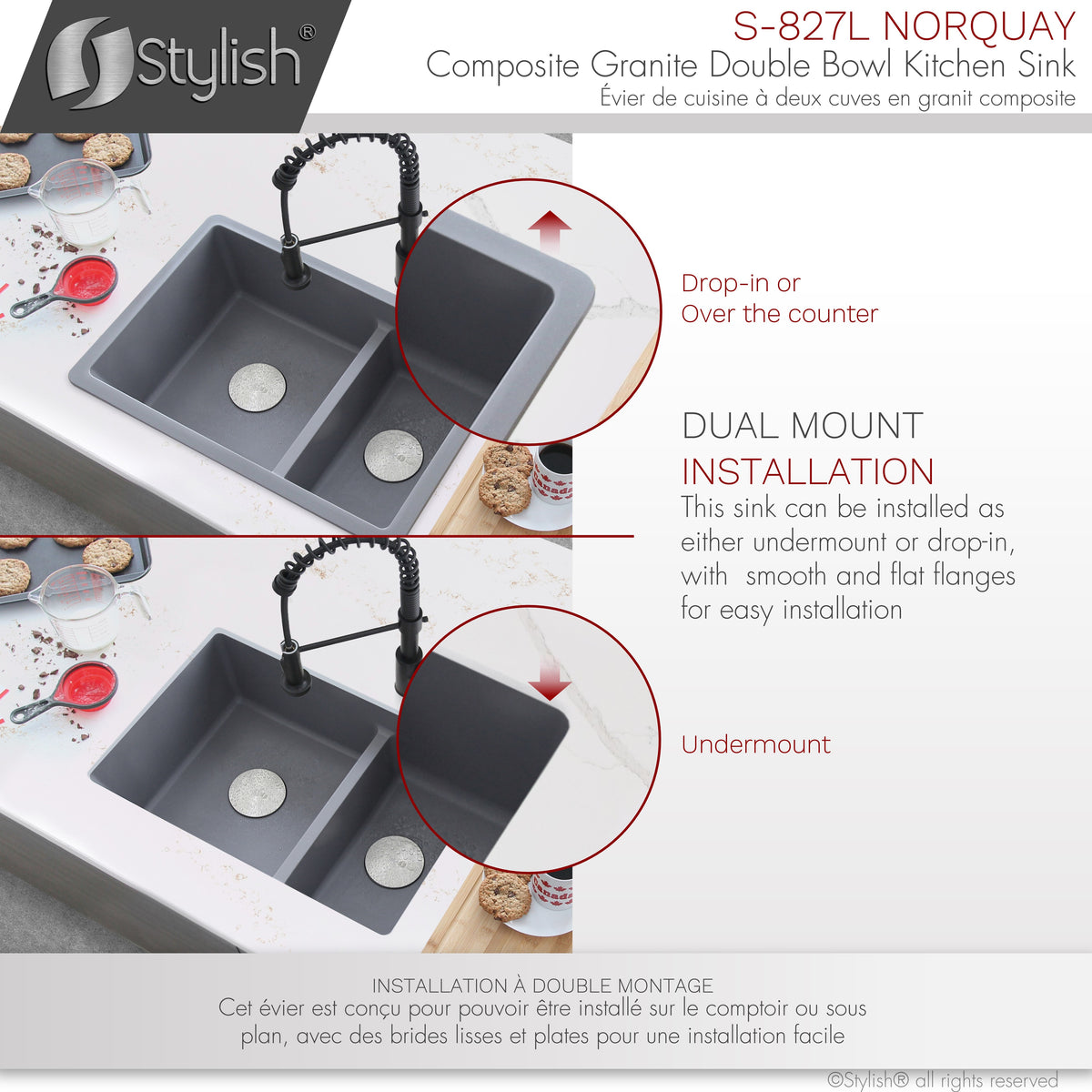 Stylish Norquay 27" Dual Mount 60/40 Double Bowl Gray Composite Granite Kitchen Sink with Strainer S-827L