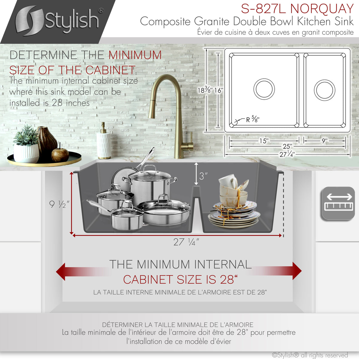 Stylish Norquay 27" Dual Mount 60/40 Double Bowl Gray Composite Granite Kitchen Sink with Strainer S-827L