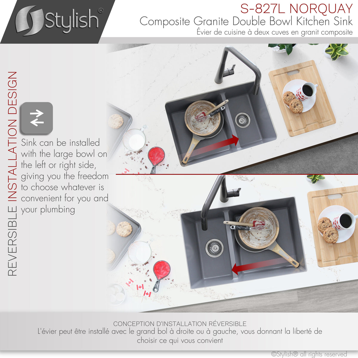 Stylish Norquay 27" Dual Mount 60/40 Double Bowl Gray Composite Granite Kitchen Sink with Strainer S-827L