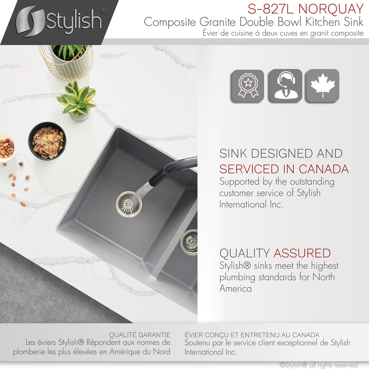 Stylish Norquay 27" Dual Mount 60/40 Double Bowl Gray Composite Granite Kitchen Sink with Strainer S-827L