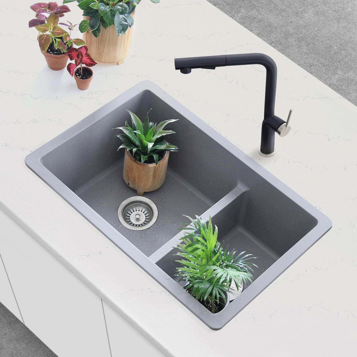 Stylish Norquay 27" Dual Mount 60/40 Double Bowl Gray Composite Granite Kitchen Sink with Strainer S-827L