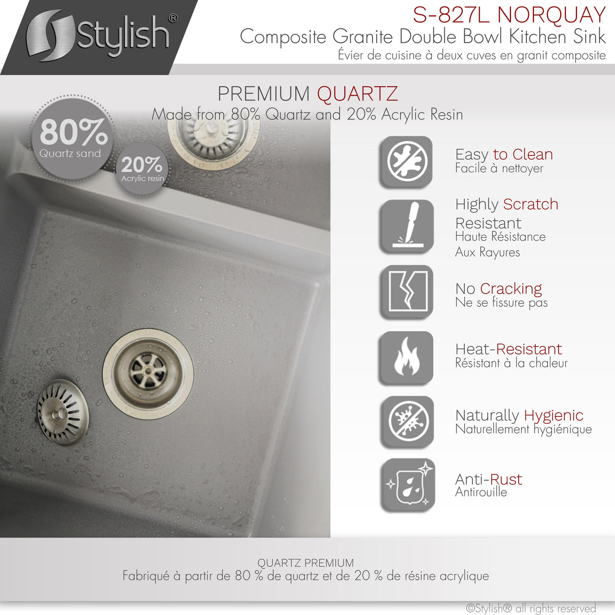 Stylish Norquay 27" Dual Mount 60/40 Double Bowl Gray Composite Granite Kitchen Sink with Strainer S-827L