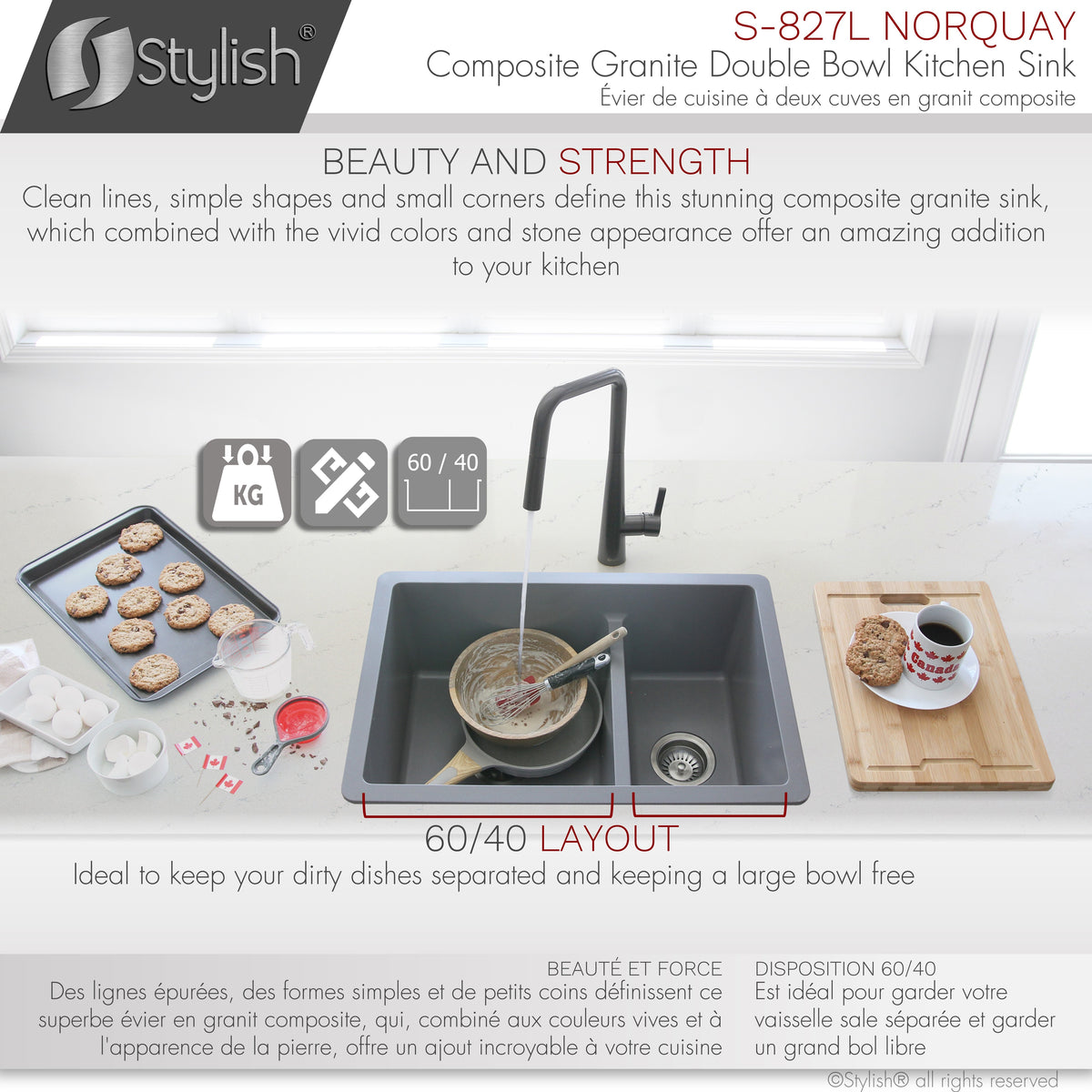Stylish Norquay 27" Dual Mount 60/40 Double Bowl Gray Composite Granite Kitchen Sink with Strainer S-827L