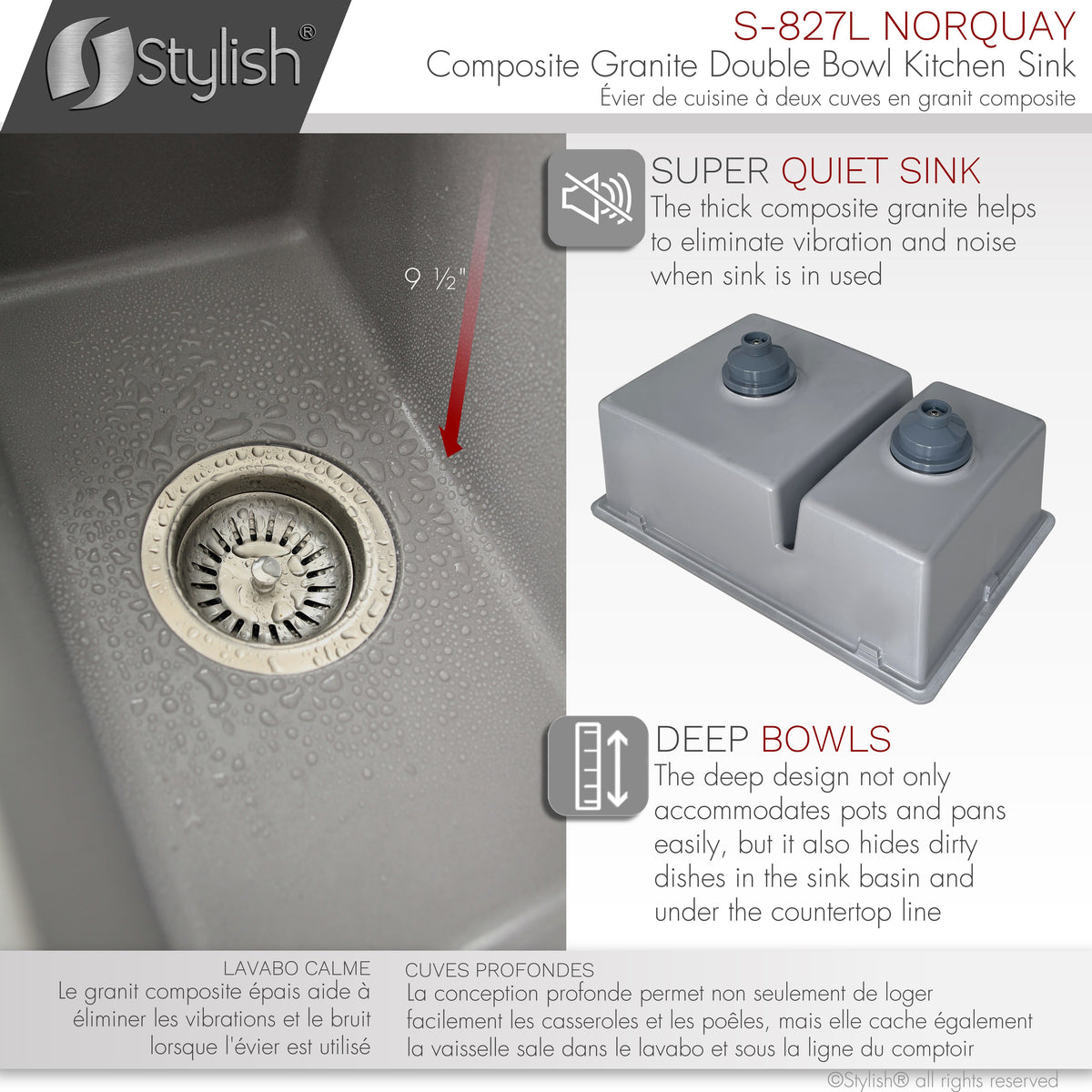 Stylish Norquay 27" Dual Mount 60/40 Double Bowl Gray Composite Granite Kitchen Sink with Strainer S-827L