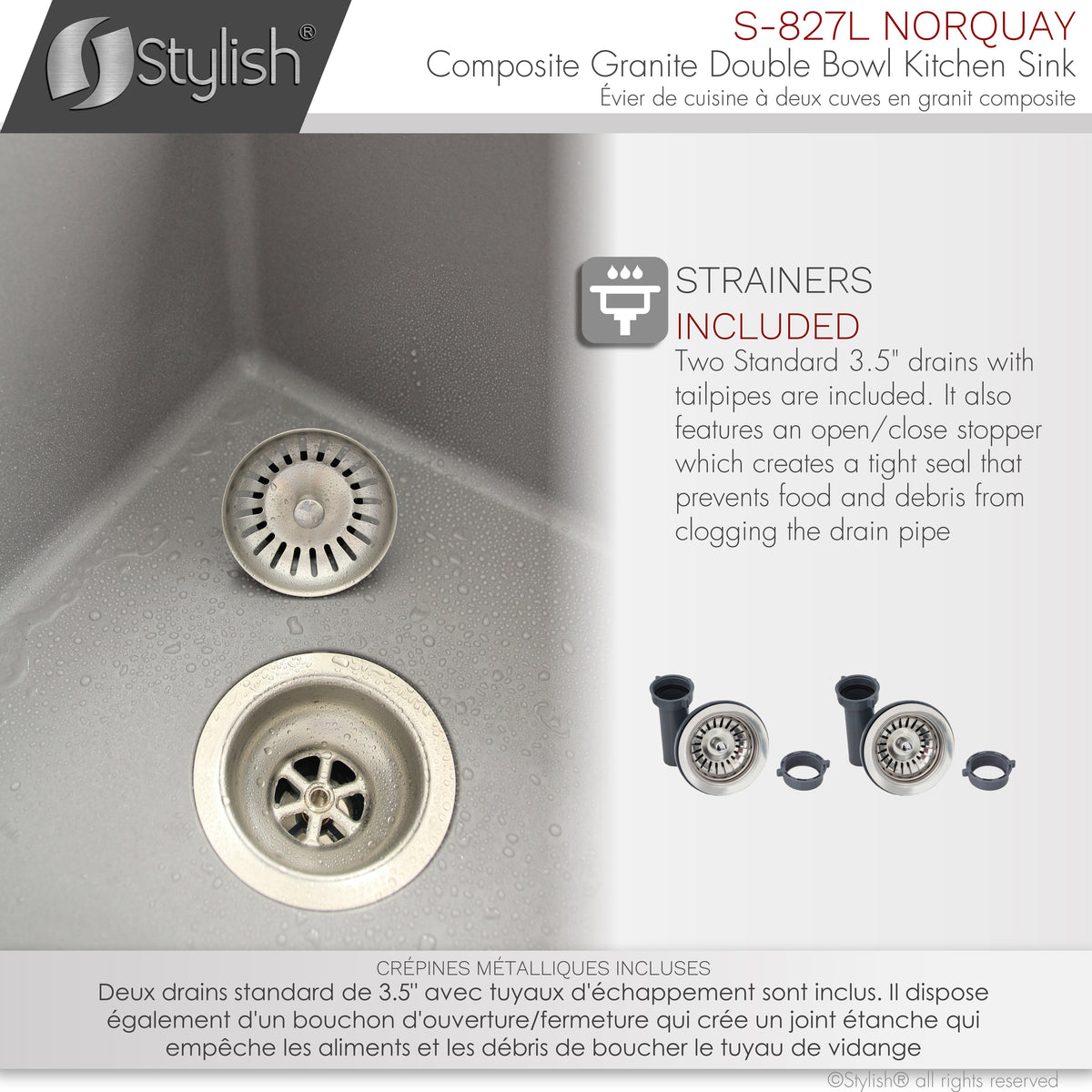 Stylish Norquay 27" Dual Mount 60/40 Double Bowl Gray Composite Granite Kitchen Sink with Strainer S-827L