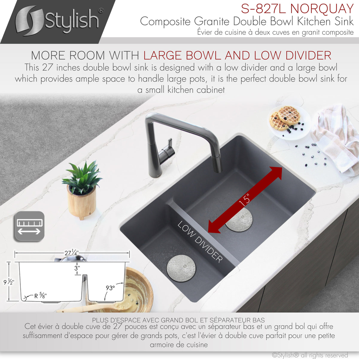 Stylish Norquay 27" Dual Mount 60/40 Double Bowl Gray Composite Granite Kitchen Sink with Strainer S-827L