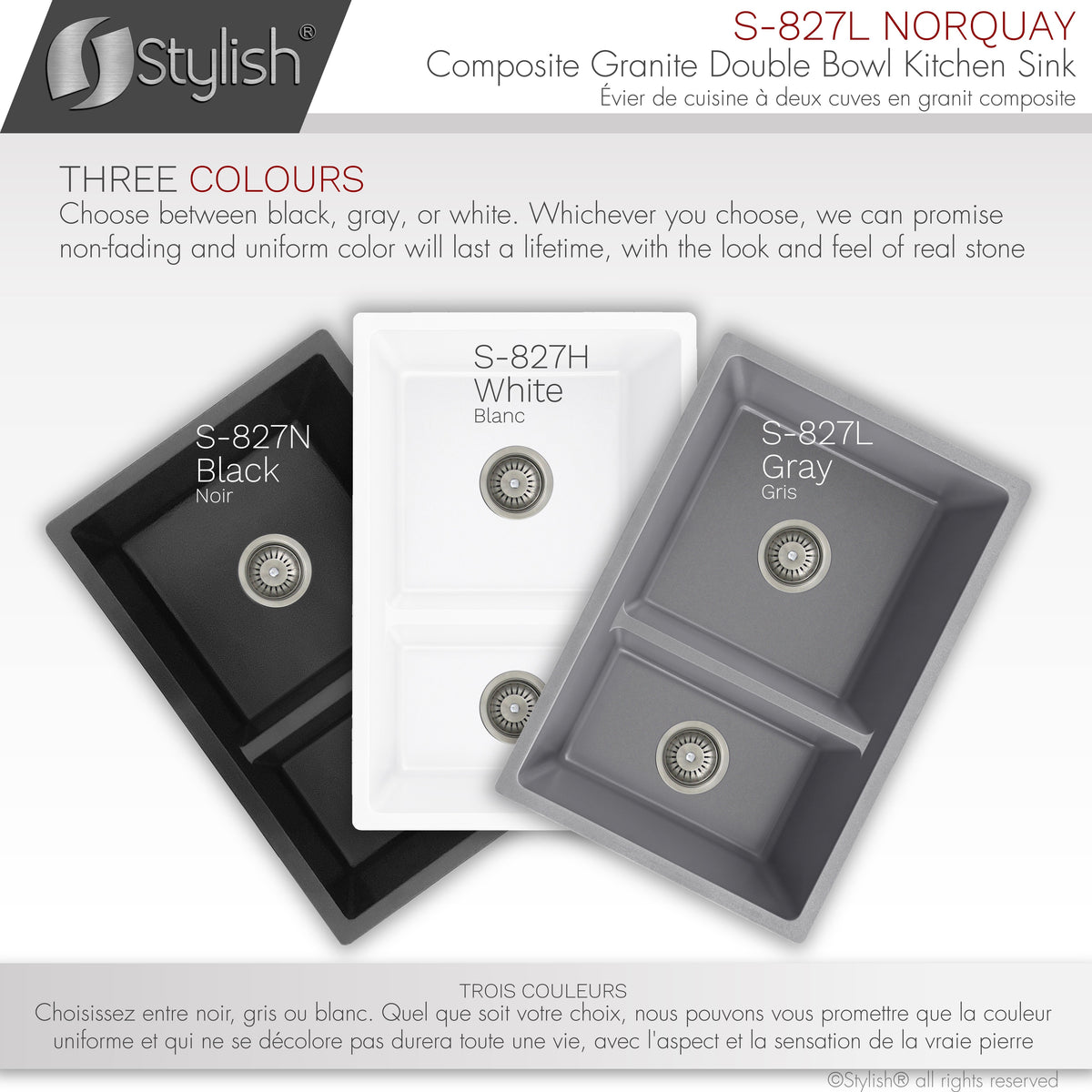 Stylish Norquay 27" Dual Mount 60/40 Double Bowl Gray Composite Granite Kitchen Sink with Strainer S-827L