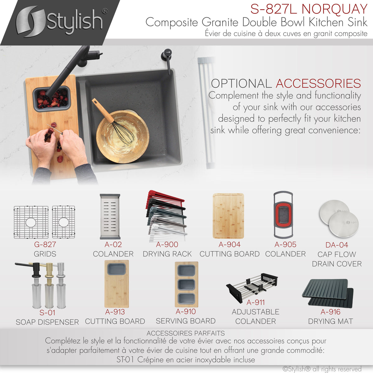 Stylish Norquay 27" Dual Mount 60/40 Double Bowl Gray Composite Granite Kitchen Sink with Strainer S-827L