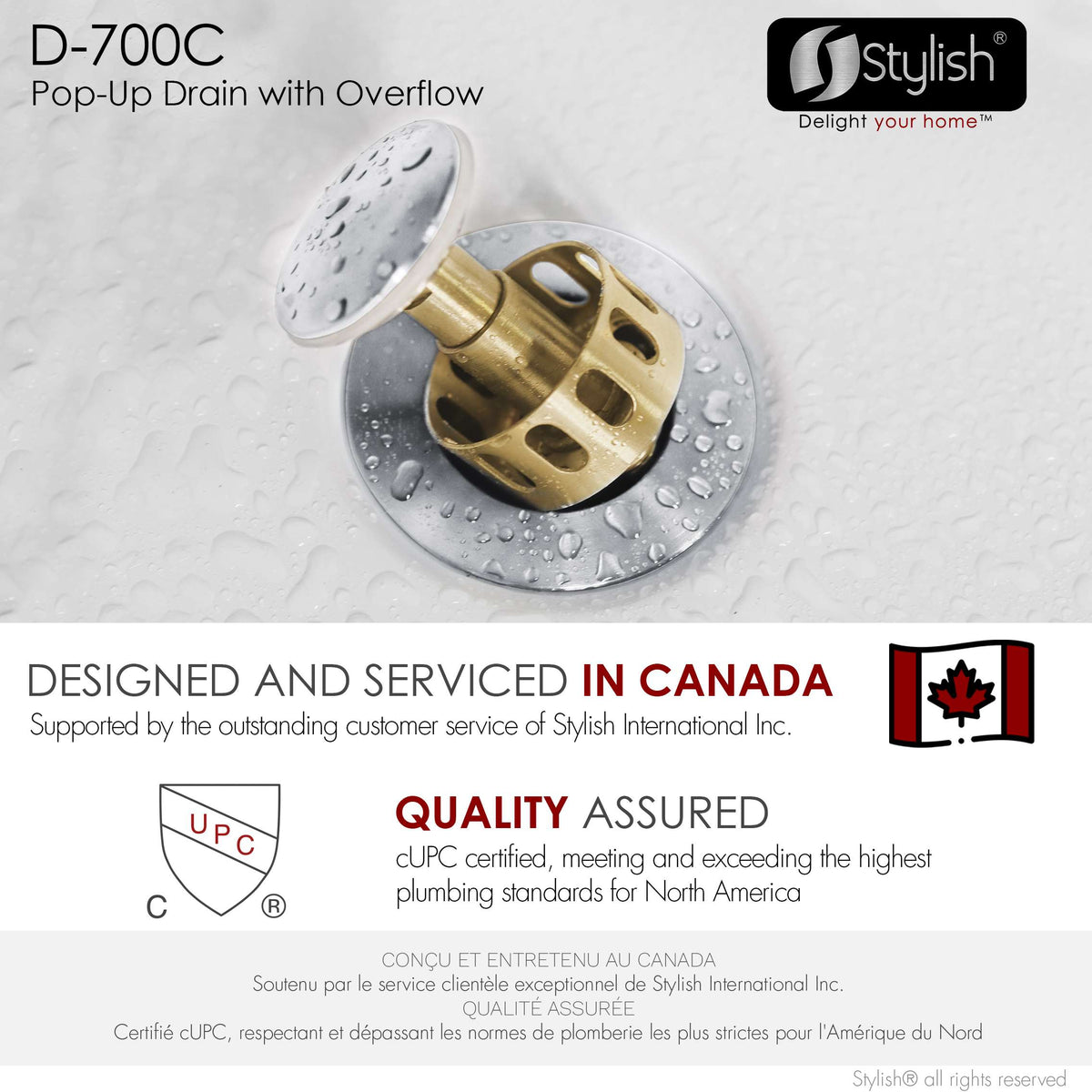 Stylish Pop-Up Bathroom Sink Drain with Overflow Polished Chrome D-700C