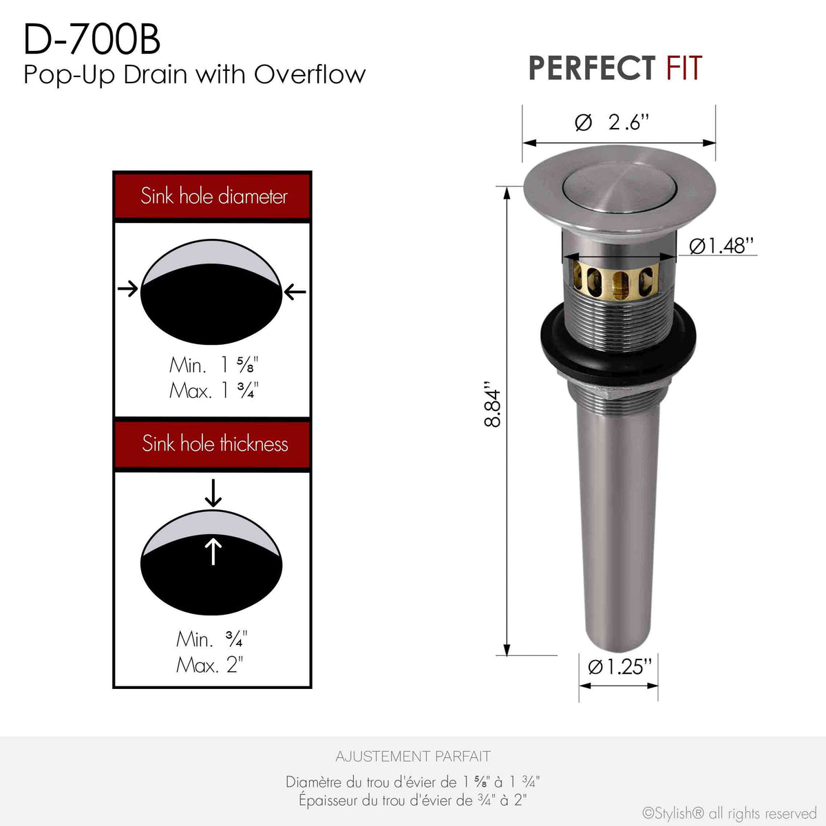 Stylish Pop-Up Bathroom Sink Drains Set with Overflow Brushed Nickel D-700B2