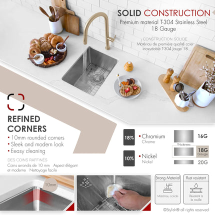 STYLISH 14 inch Single Bowl Undermount Stainless Steel Kitchen Sink Laundry S-310G - Plumbing Market