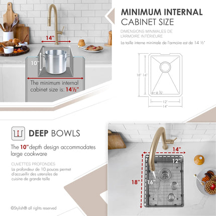 STYLISH 14 inch Single Bowl Undermount Stainless Steel Kitchen Sink Laundry S-310G - Plumbing Market