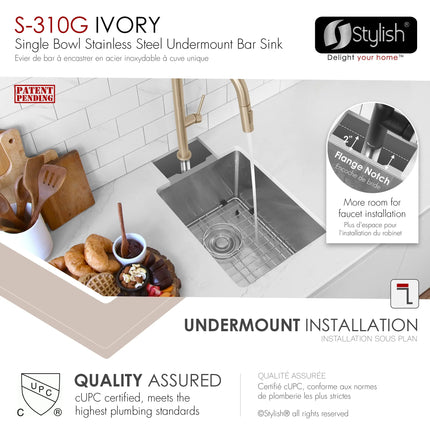 STYLISH 14 inch Single Bowl Undermount Stainless Steel Kitchen Sink Laundry S-310G - Plumbing Market