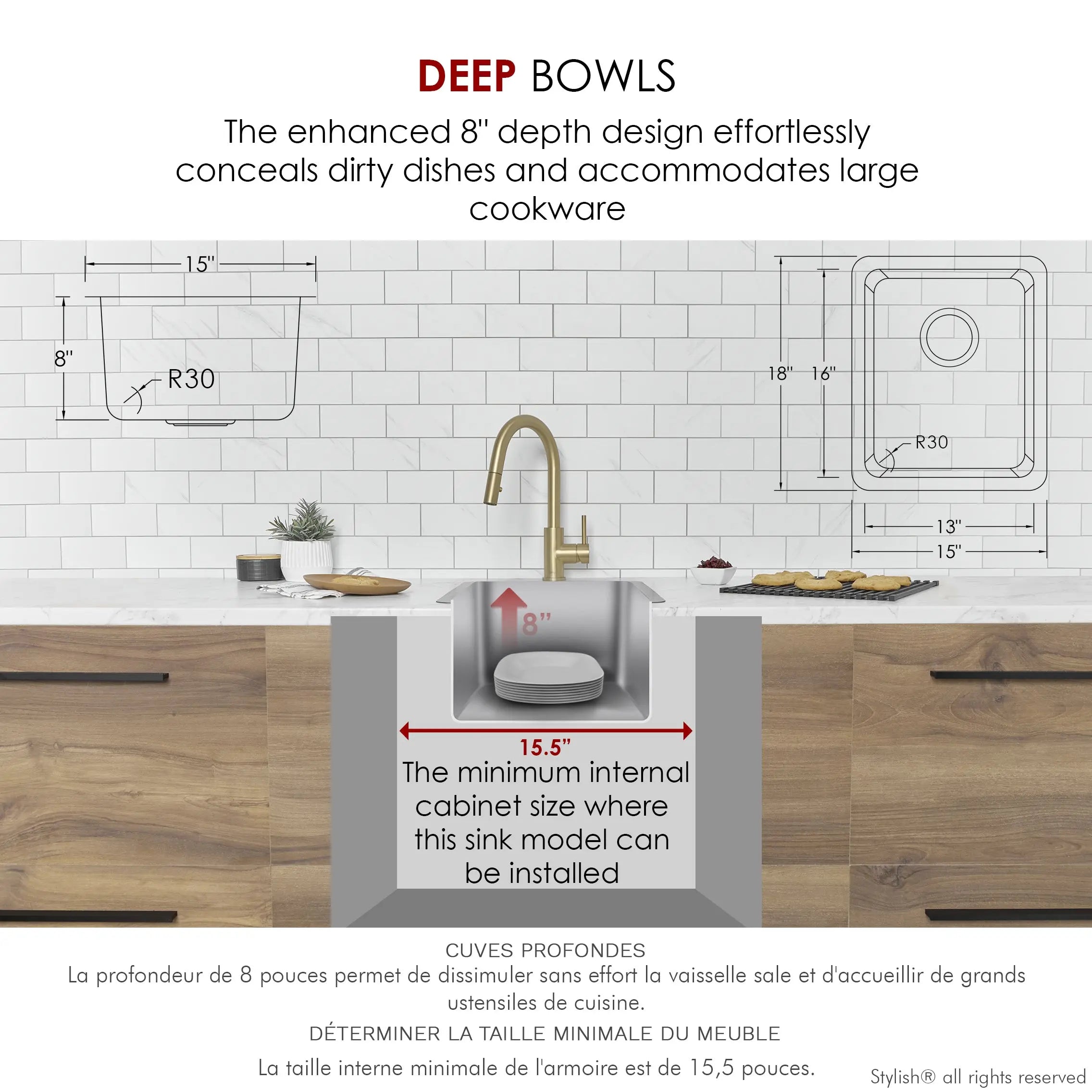 STYLISH 15 inch Single Bowl Undermount and Drop-in Stainless Steel Kitchen Sink S-405T - Plumbing Market