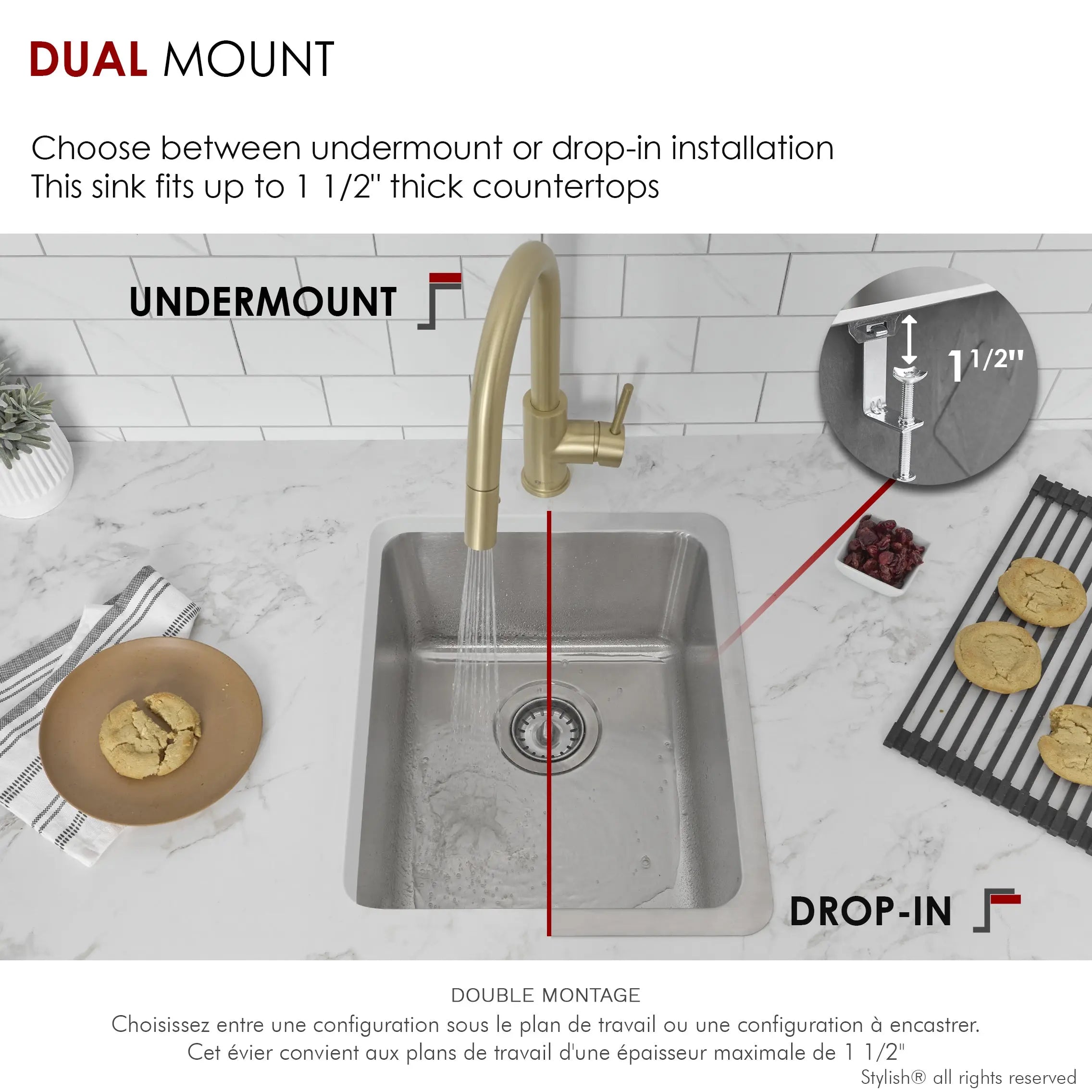 STYLISH 15 inch Single Bowl Undermount and Drop-in Stainless Steel Kitchen Sink S-405T - Plumbing Market