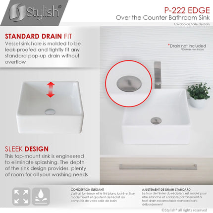 STYLISH 15 inch Square Vessel Bathroom Sink P-222 - Plumbing Market