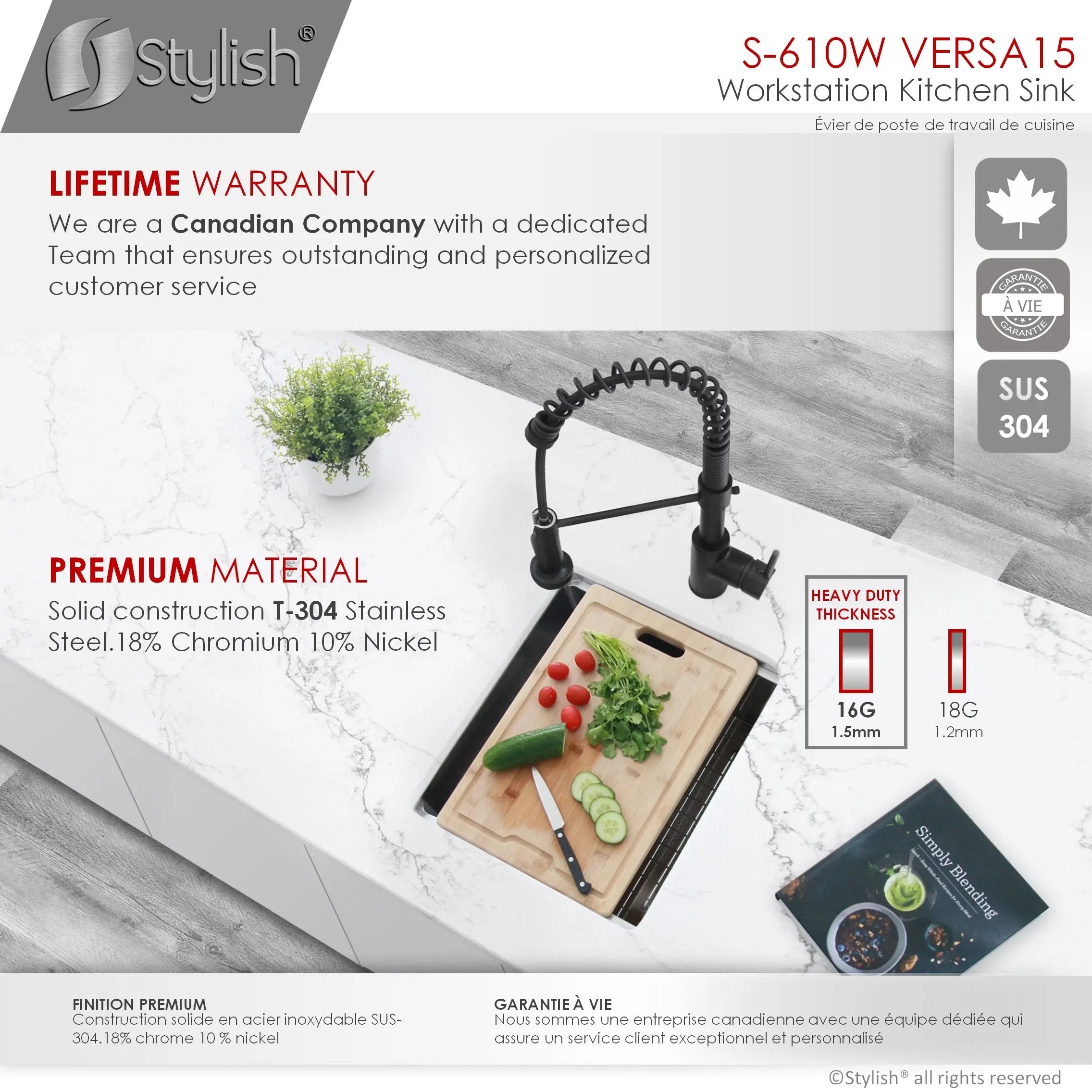 STYLISH 15 inch Workstation Single Bowl Undermount 16 Gauge Stainless Steel Kitchen Sink with Built in Accessories S-610W - Plumbing Market