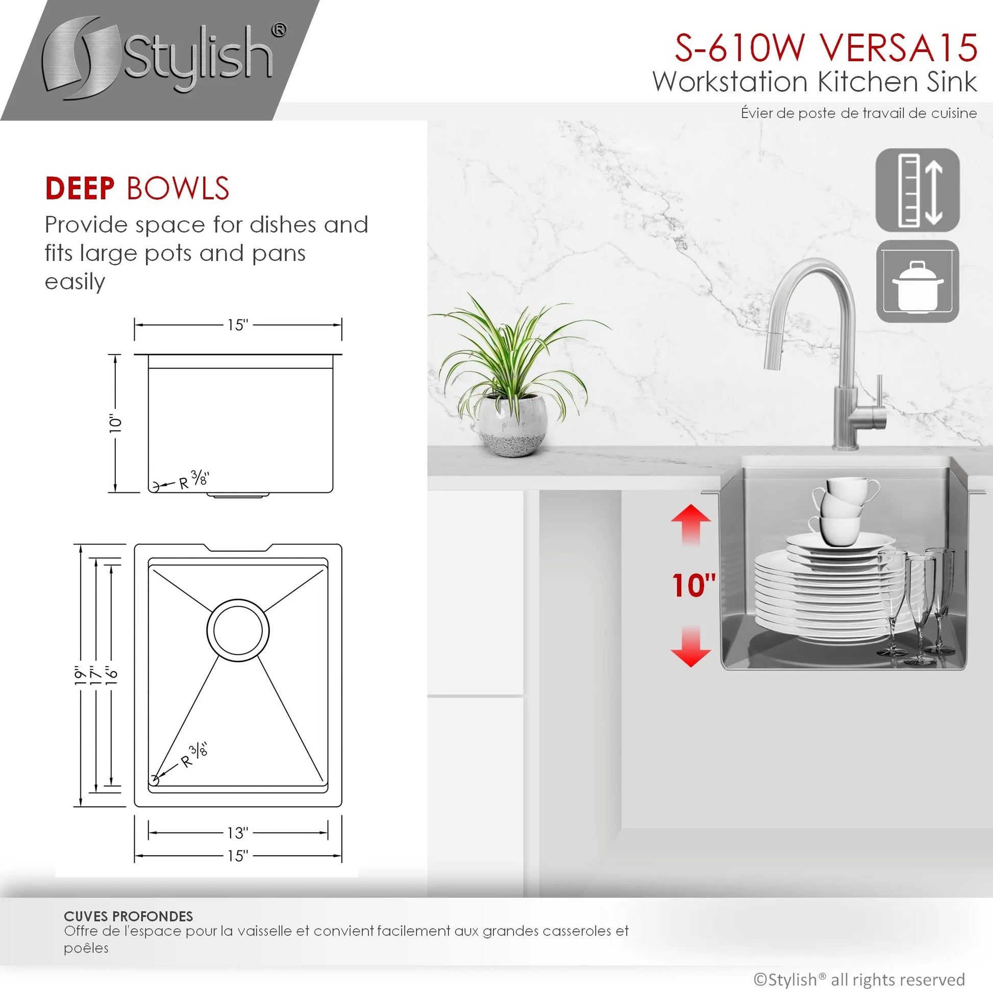 STYLISH 15 inch Workstation Single Bowl Undermount 16 Gauge Stainless Steel Kitchen Sink with Built in Accessories S-610W - Plumbing Market
