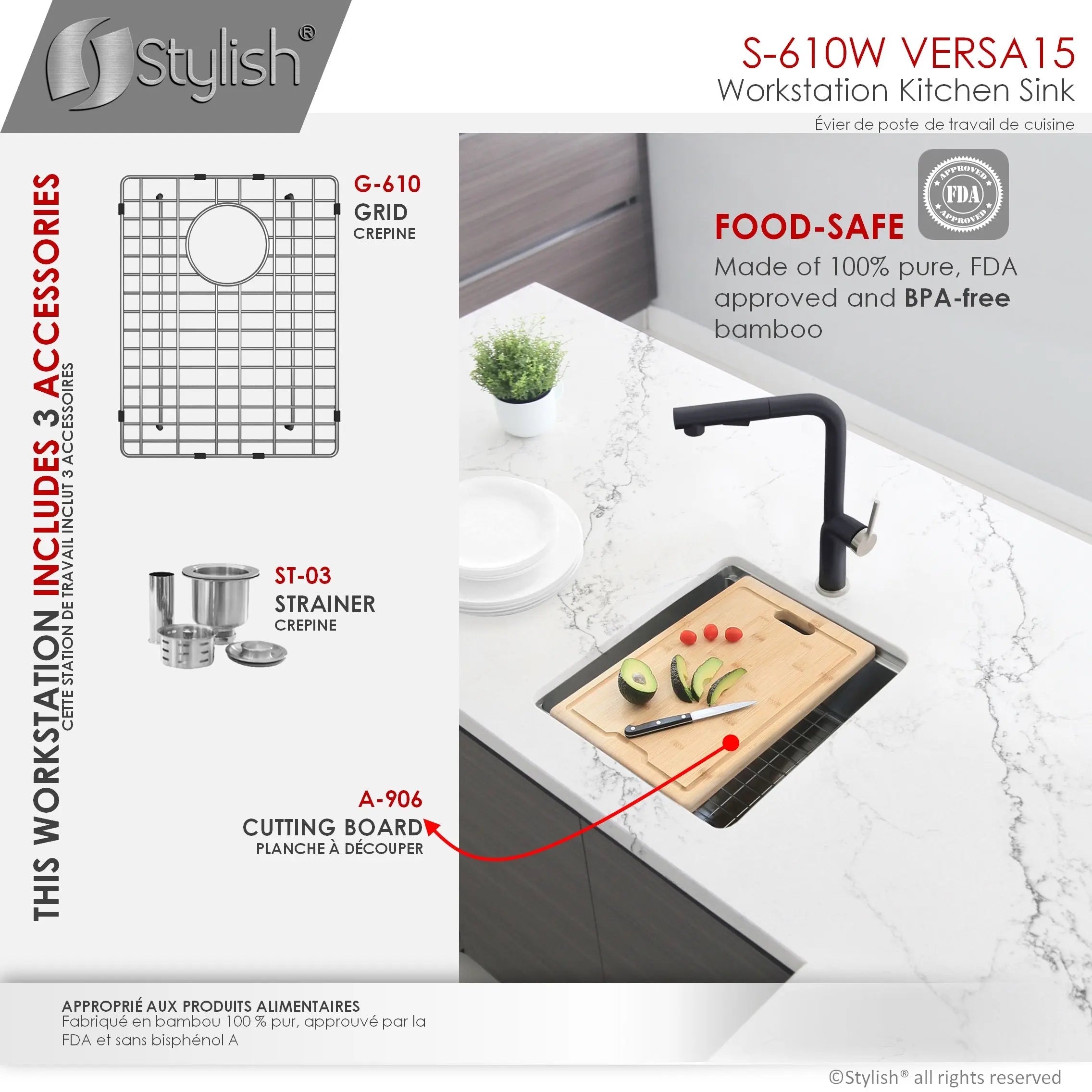 STYLISH 15 inch Workstation Single Bowl Undermount 16 Gauge Stainless Steel Kitchen Sink with Built in Accessories S-610W - Plumbing Market