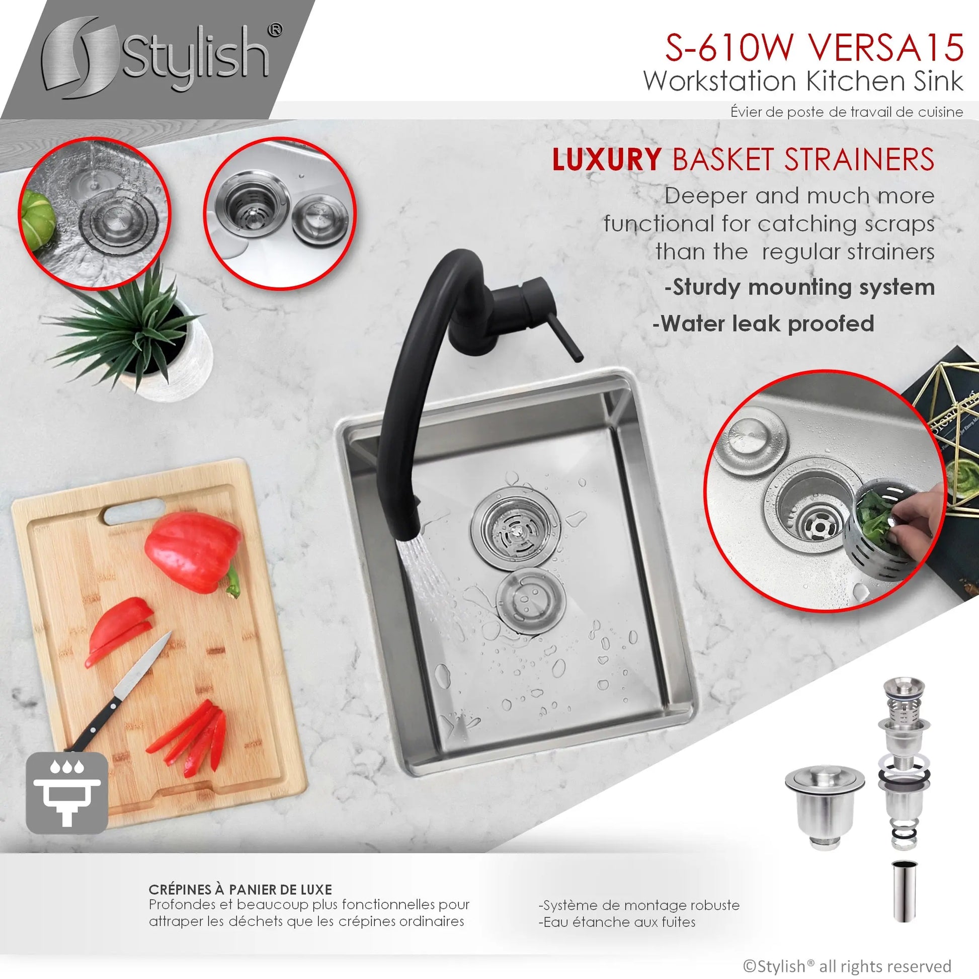 STYLISH 15 inch Workstation Single Bowl Undermount 16 Gauge Stainless Steel Kitchen Sink with Built in Accessories S-610W - Plumbing Market