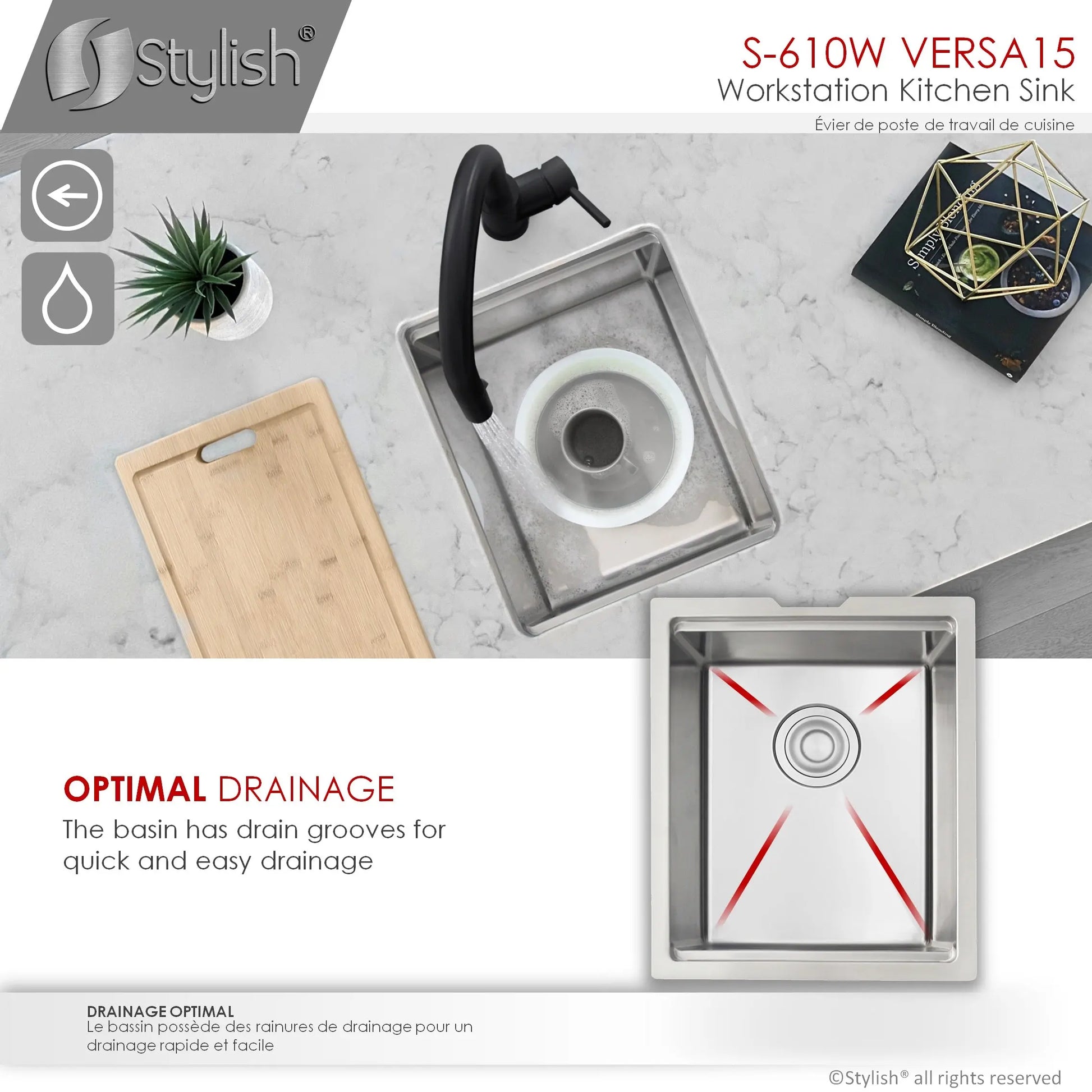 STYLISH 15 inch Workstation Single Bowl Undermount 16 Gauge Stainless Steel Kitchen Sink with Built in Accessories S-610W - Plumbing Market