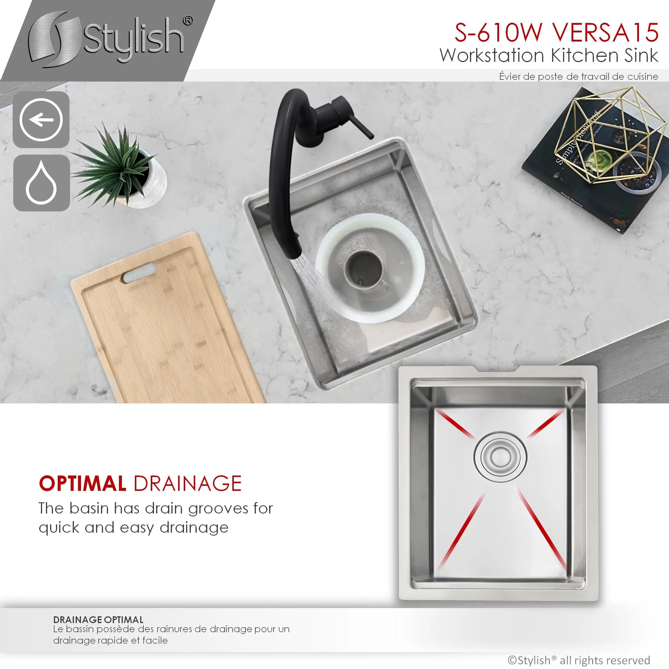 STYLISH 15 inch Workstation Single Bowl Undermount 16 Gauge Stainless Steel Kitchen Sink with Built in Accessories S-610W - Plumbing Market