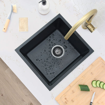 STYLISH 16 inch Dual Mount Single Bowl Black Composite Granite Kitchen Sink with Strainer S-816N - Plumbing Market