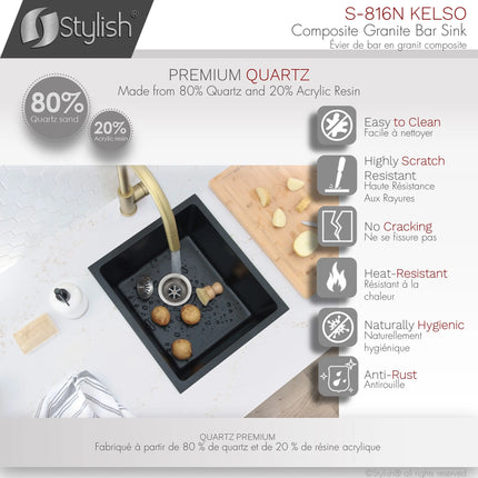 STYLISH 16 inch Dual Mount Single Bowl Black Composite Granite Kitchen Sink with Strainer S-816N - Plumbing Market