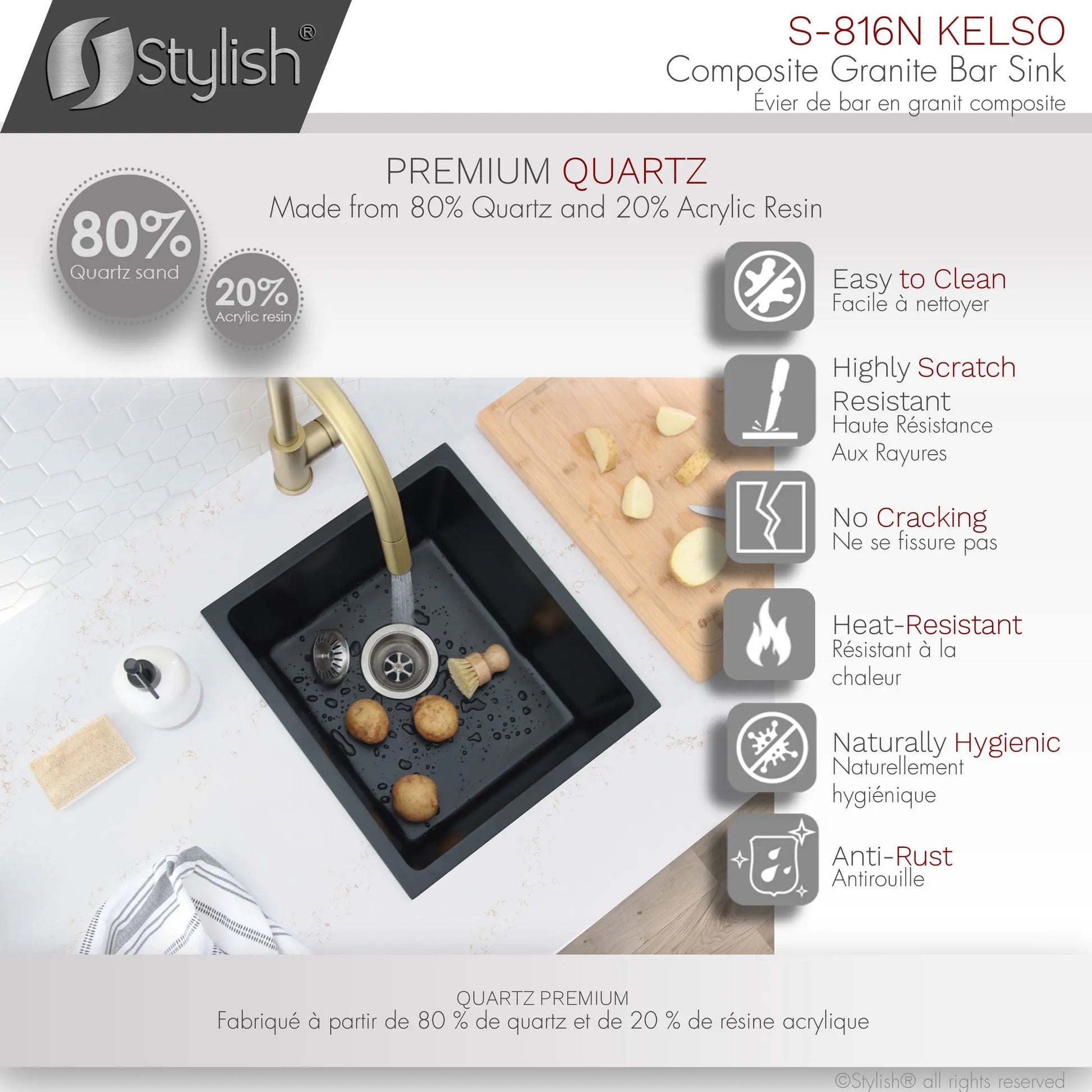 STYLISH 16 inch Dual Mount Single Bowl Black Composite Granite Kitchen Sink with Strainer S-816N - Plumbing Market