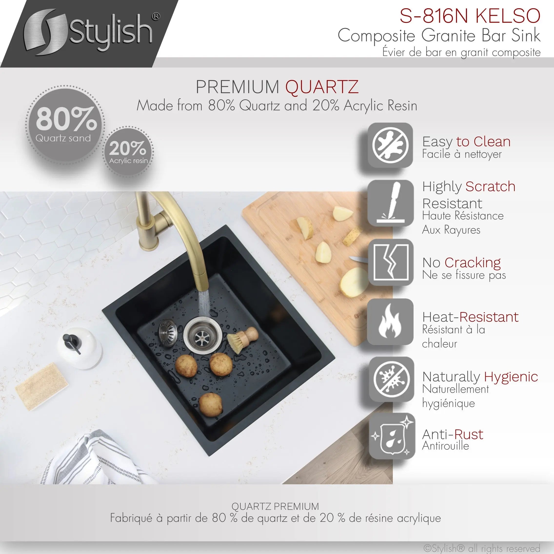 STYLISH 16 inch Dual Mount Single Bowl Black Composite Granite Kitchen Sink with Strainer S-816N - Plumbing Market