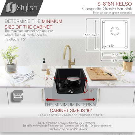 STYLISH 16 inch Dual Mount Single Bowl Black Composite Granite Kitchen Sink with Strainer S-816N - Plumbing Market