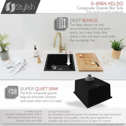 STYLISH 16 inch Dual Mount Single Bowl Black Composite Granite Kitchen Sink with Strainer S-816N - Plumbing Market