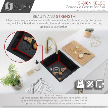 STYLISH 16 inch Dual Mount Single Bowl Black Composite Granite Kitchen Sink with Strainer S-816N - Plumbing Market