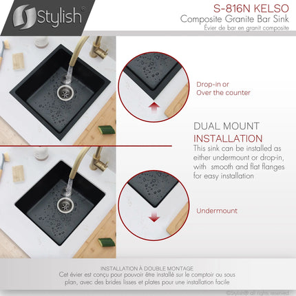 STYLISH 16 inch Dual Mount Single Bowl Black Composite Granite Kitchen Sink with Strainer S-816N - Plumbing Market