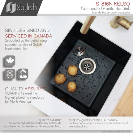 STYLISH 16 inch Dual Mount Single Bowl Black Composite Granite Kitchen Sink with Strainer S-816N - Plumbing Market