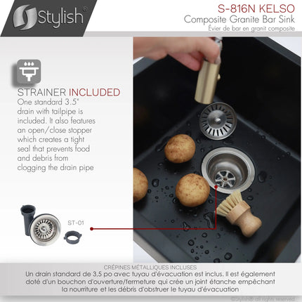 STYLISH 16 inch Dual Mount Single Bowl Black Composite Granite Kitchen Sink with Strainer S-816N - Plumbing Market