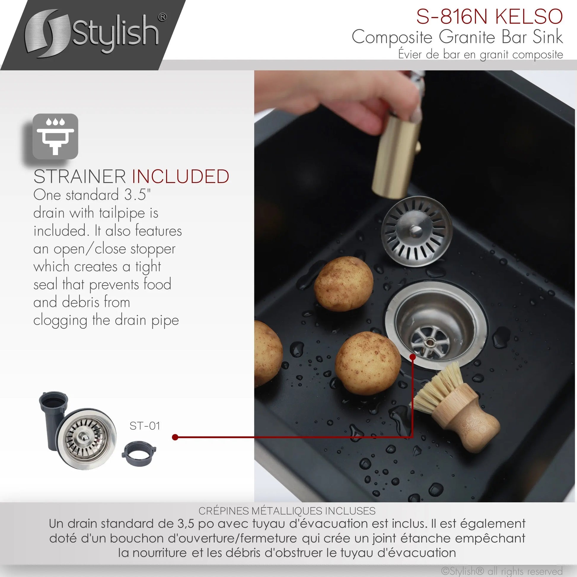 STYLISH 16 inch Dual Mount Single Bowl Black Composite Granite Kitchen Sink with Strainer S-816N - Plumbing Market