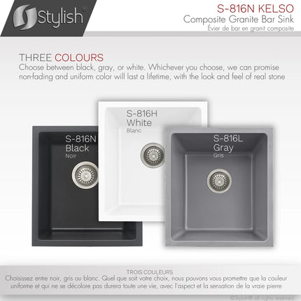 STYLISH 16 inch Dual Mount Single Bowl Black Composite Granite Kitchen Sink with Strainer S-816N - Plumbing Market