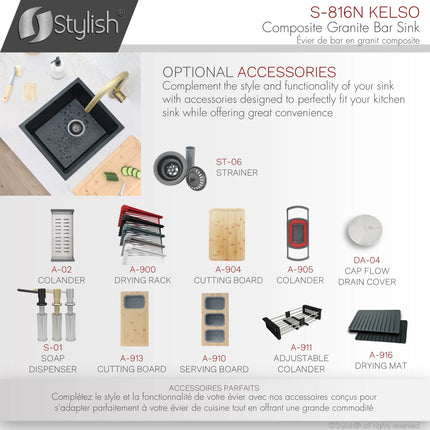 STYLISH 16 inch Dual Mount Single Bowl Black Composite Granite Kitchen Sink with Strainer S-816N - Plumbing Market