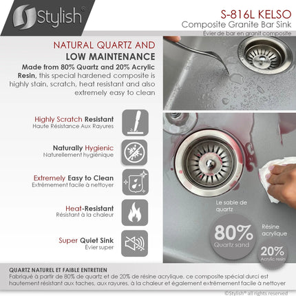 STYLISH 16 inch Dual Mount Single Bowl Gray Composite Granite Kitchen Sink with Strainer S-816L - Plumbing Market