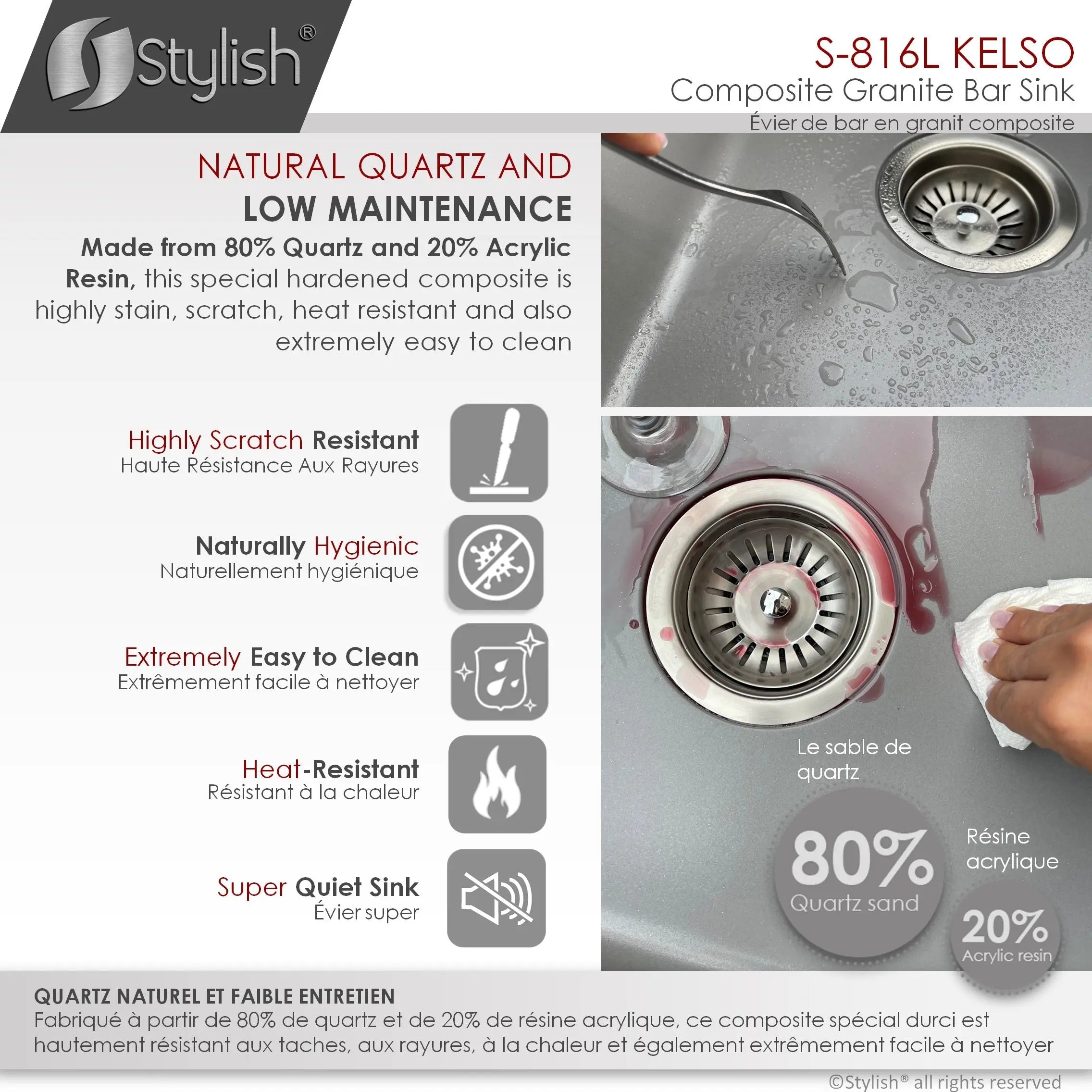 STYLISH 16 inch Dual Mount Single Bowl Gray Composite Granite Kitchen Sink with Strainer S-816L - Plumbing Market