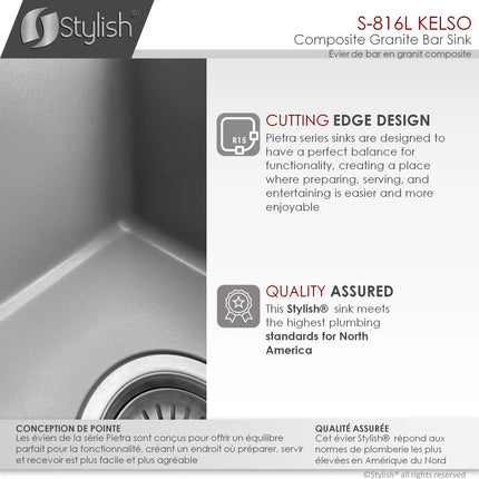 STYLISH 16 inch Dual Mount Single Bowl Gray Composite Granite Kitchen Sink with Strainer S-816L - Plumbing Market