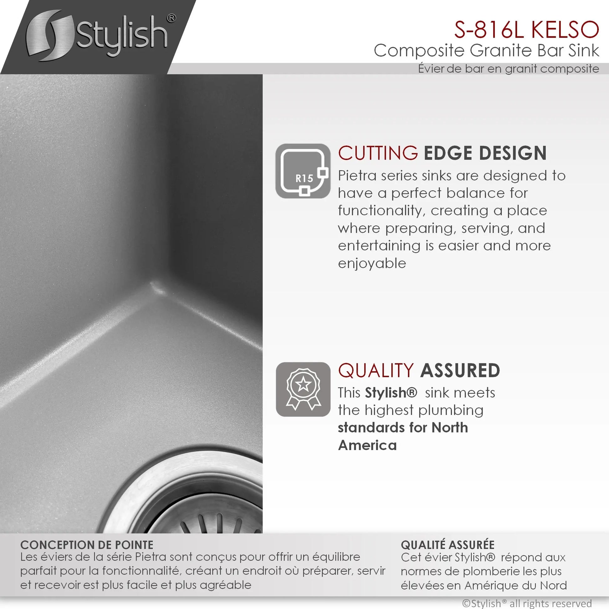 STYLISH 16 inch Dual Mount Single Bowl Gray Composite Granite Kitchen Sink with Strainer S-816L - Plumbing Market