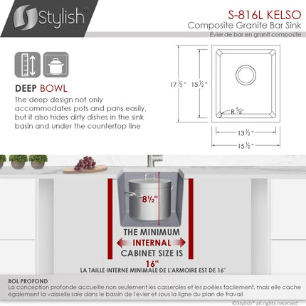 STYLISH 16 inch Dual Mount Single Bowl Gray Composite Granite Kitchen Sink with Strainer S-816L - Plumbing Market