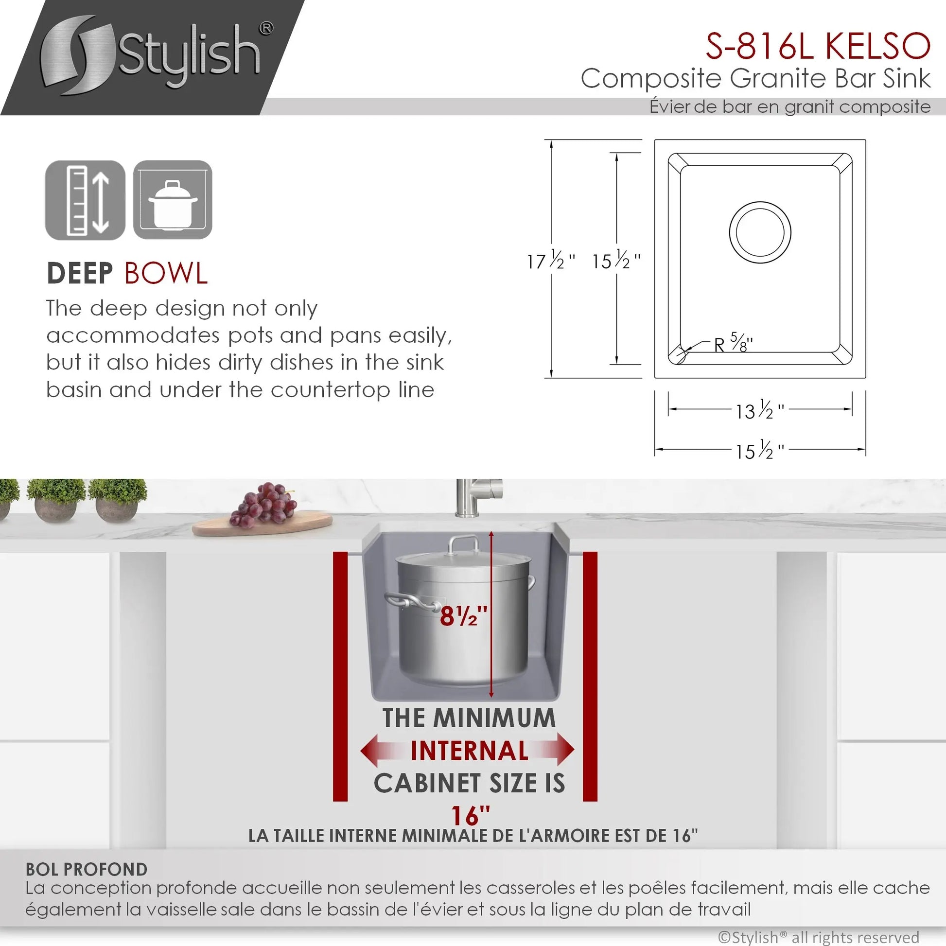 STYLISH 16 inch Dual Mount Single Bowl Gray Composite Granite Kitchen Sink with Strainer S-816L - Plumbing Market