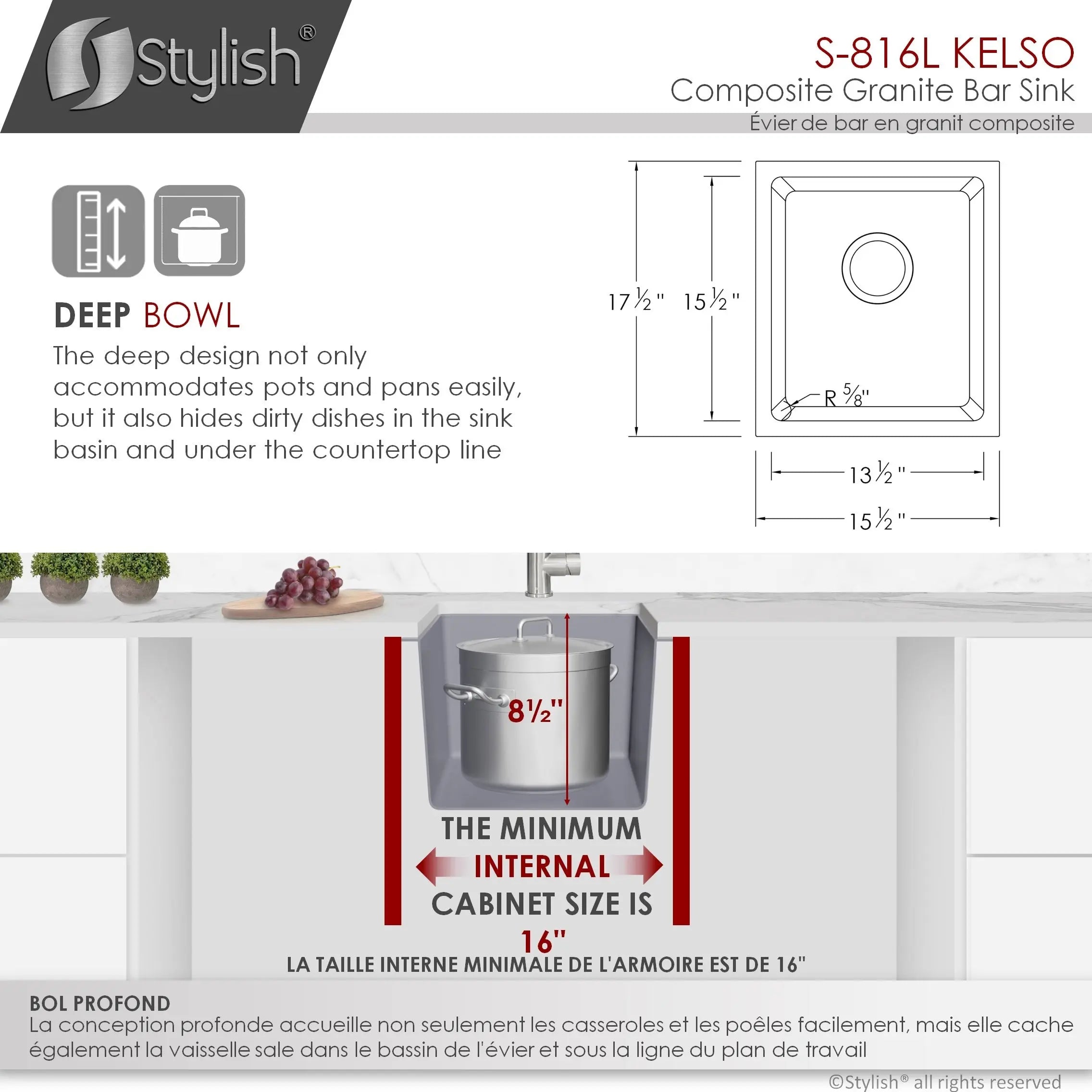 STYLISH 16 inch Dual Mount Single Bowl Gray Composite Granite Kitchen Sink with Strainer S-816L - Plumbing Market