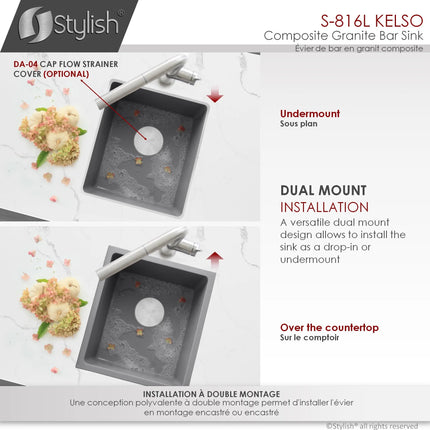 STYLISH 16 inch Dual Mount Single Bowl Gray Composite Granite Kitchen Sink with Strainer S-816L - Plumbing Market