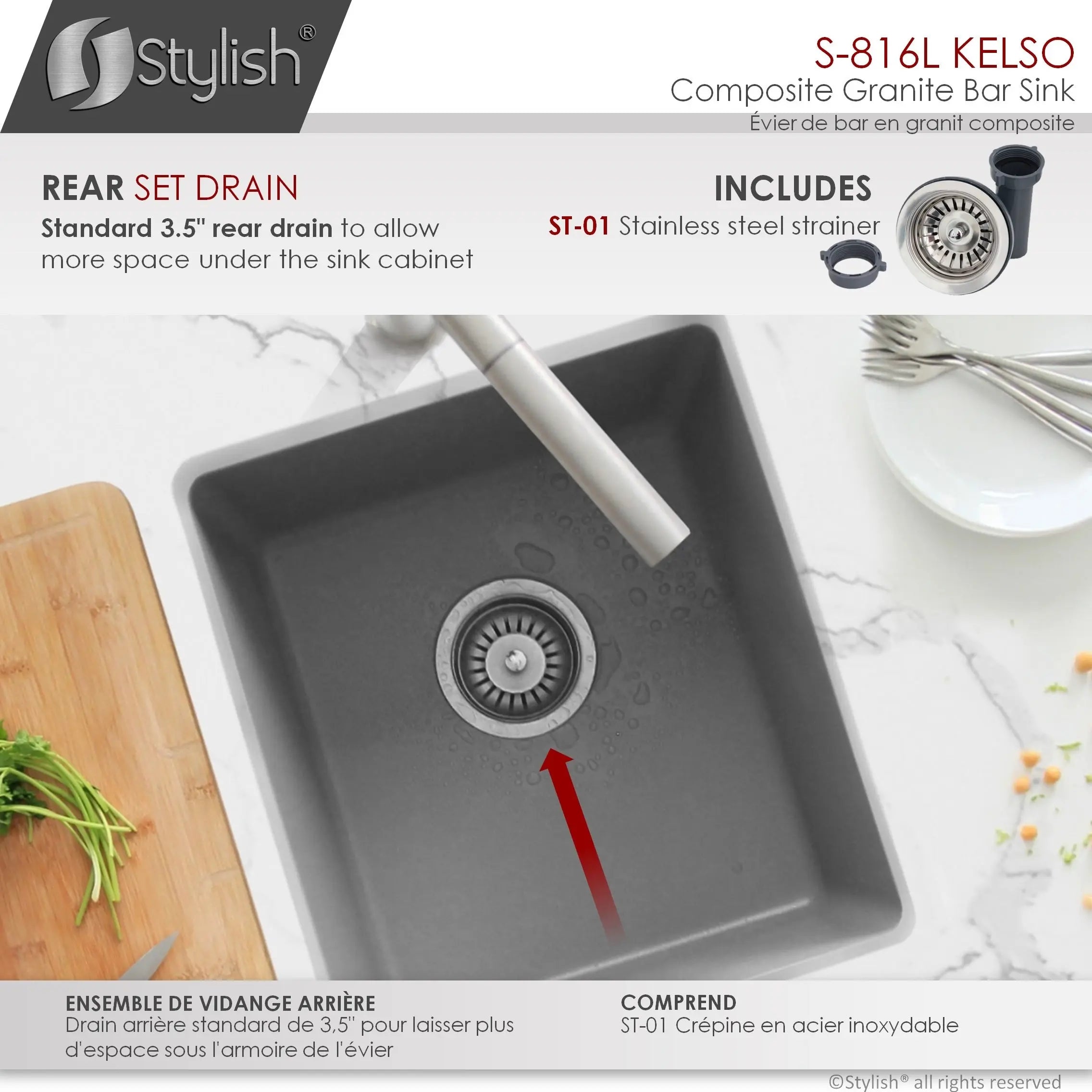STYLISH 16 inch Dual Mount Single Bowl Gray Composite Granite Kitchen Sink with Strainer S-816L - Plumbing Market