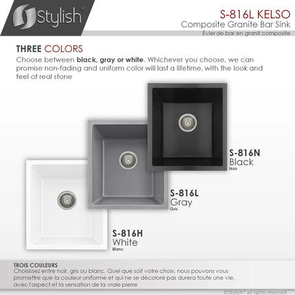 STYLISH 16 inch Dual Mount Single Bowl Gray Composite Granite Kitchen Sink with Strainer S-816L - Plumbing Market