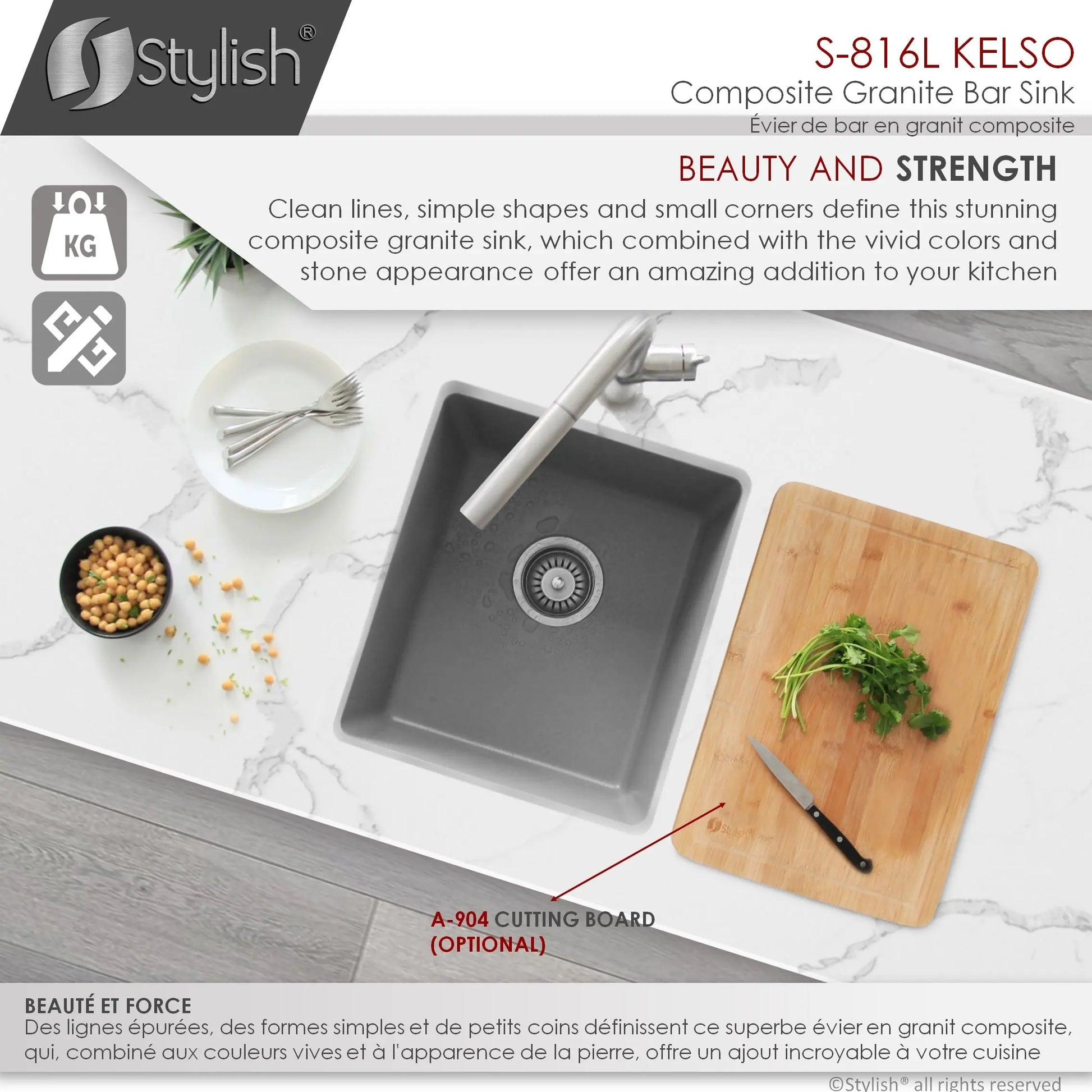 STYLISH 16 inch Dual Mount Single Bowl Gray Composite Granite Kitchen Sink with Strainer S-816L - Plumbing Market
